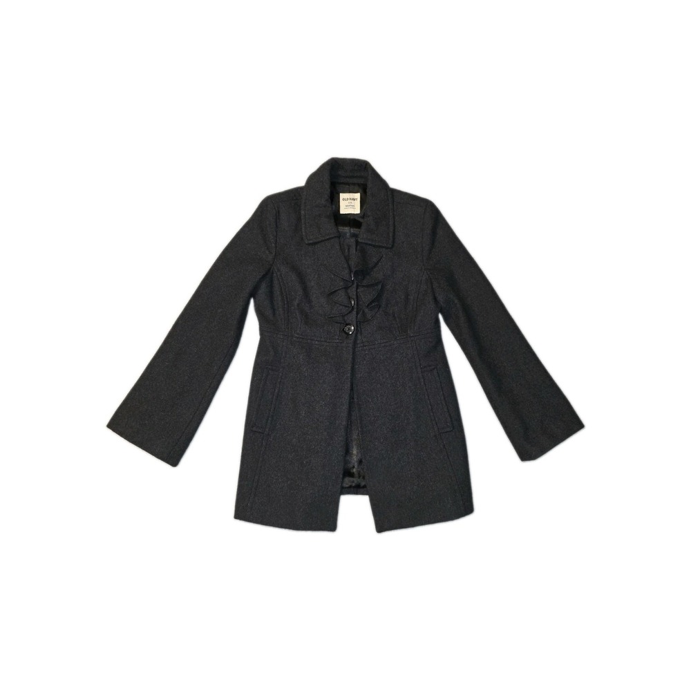 Old Navy Wool Blend Ruffle Dark Gray Pea Coat Women Size M Notched Collar Jacket